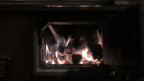 Fire Burning Inside Old Wood Stove – Close-up 動画素材 307175064