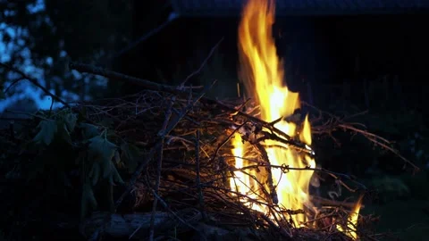 The fire is burning up. a man's hand puts branches on the fire. gatherings on a Stock Footage 160921081