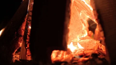 Fire burning at night, closeup, campfire on dark autumn night warmth Stock Footage 88905289