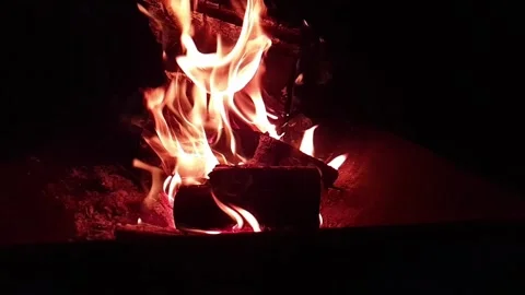 Fire burning at night in fire pit, slow motion video Stock Footage 309881033
