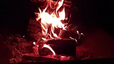 Fire burning at night in fire pit super slow motion video Stock Footage 309881041