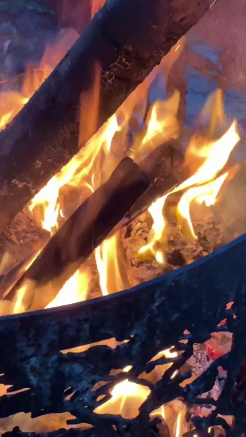 Fire burning in an outdoor fire pit at dusk, close up. Vertical 4K footage 動画素材 340871988