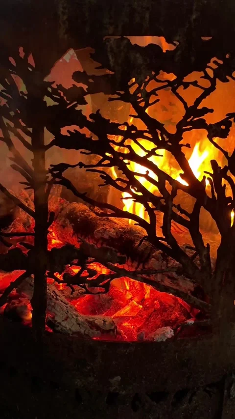 Fire burning in an outdoor fire pit at night, close up. Vertical 4K footage 動画素材 340872003