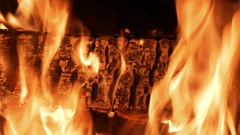 Fire from burning pine wood plank Stock Footage 308963388