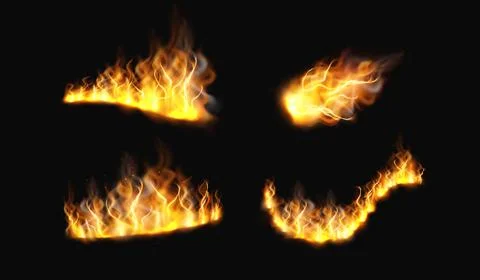 Fire burning shapes on black background, fire vector design set, flaming Stock Illustration