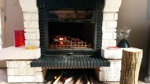Fire Burning in a Stone Fireplace Stock Footage 80764993