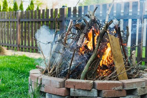 Fire burns in a backyard pit as smoke rises in the air during a sunny day i.. 库存照片