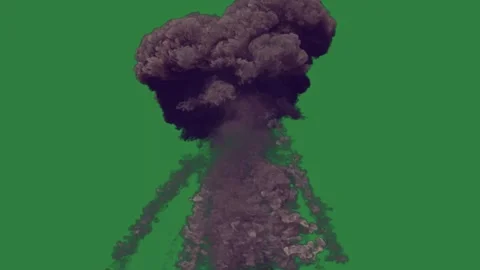Fire burns on an explosion of black red cloud smoke isolated on green screen Video stock 336849696