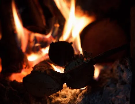 Fire burns in fireplace Stock Photos