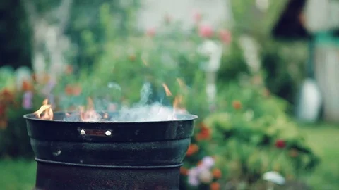 Fire burns firewood in a round barbecue, outdoors during the day Stock Footage 99881753