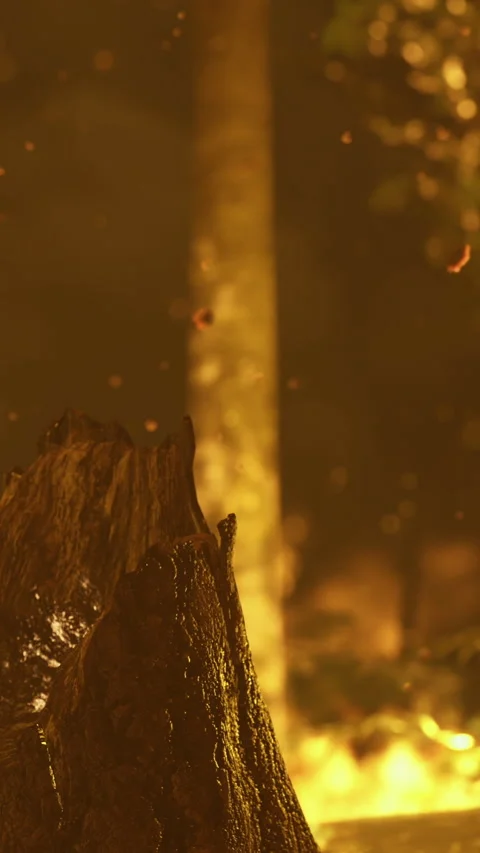 Fire burns in the forest as wood glows and ash rises around trees Stock Footage 334724542
