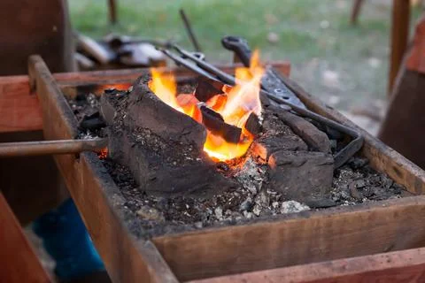 Fire burns in the forge forge preparation for forging metal Stock Photos