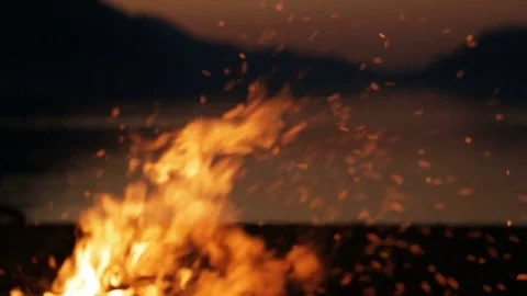 Fire burns late at hight on the beach and the sparks fly high Stock Footage 73349412