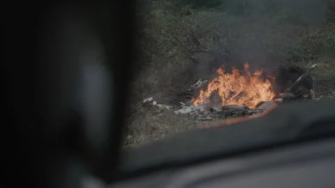 Fire Burns Outside Of Windshield In Vehicle Stock Footage 270394876
