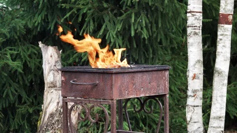 Fire burns in rusty iron grill. Stock Footage 95130079