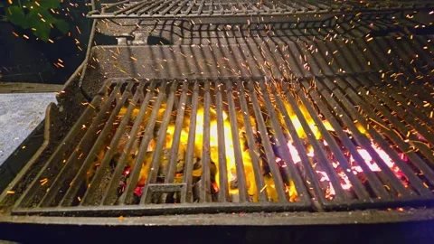 The fire burns through the grill grate. Coal for barbecue prepared by blowi.. Stock Footage 286050535