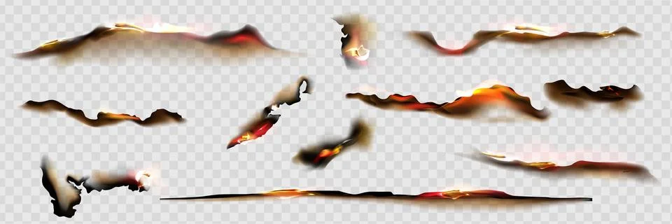 Fire on burnt paper edges. Frames with burn effect with yellow flame, black ash Illustrazione stock