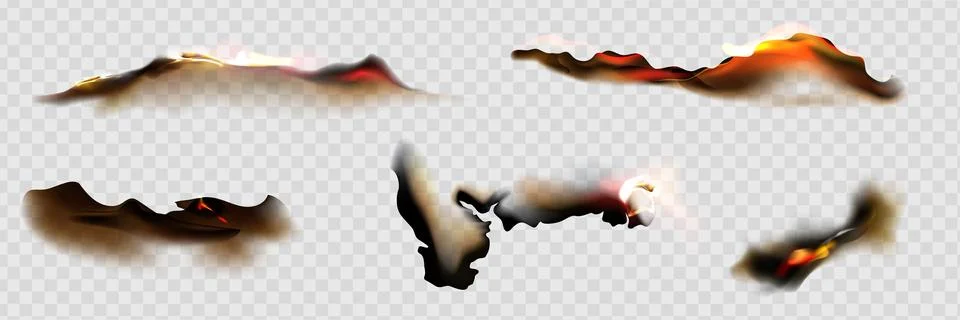 Fire on burnt paper edges. Frames with burn effect with yellow flame, black ash Stock Illustration