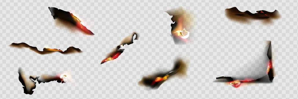 Fire on burnt paper edges. Frames with burn effect with yellow flame, black ash Illustrazione stock