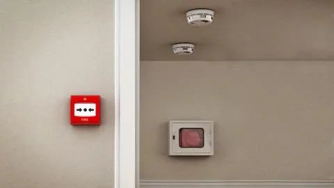 Fire button, smoke detectors and hose on the wall. 3D illustration Stock Illustration