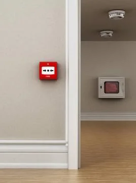 Fire button, smoke detectors and hose on the wall. 3D illustration Fire bu... Foto stock