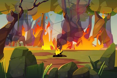 Fire in camping and burning forest, wildfire Stock Illustration