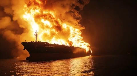 Fire on a cargo ship. A ship carrying liquefied gas caught fire. Explosion .. Stock Photos