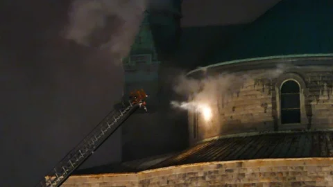 Fire in castle with firefighters ladder Stock Footage 105346323