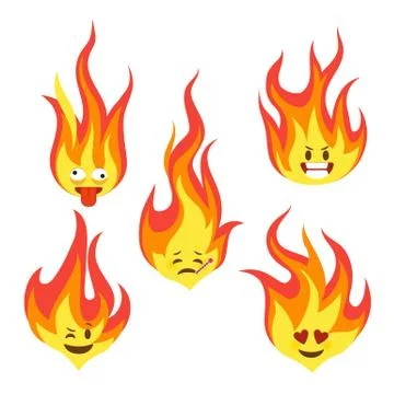 Fire character icons. Hot flame cute emoji with angry and smiles happy Stock Illustration