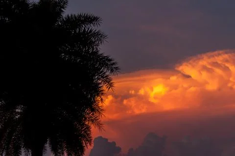 Fire, clouds in the sunset light, View Foto stock