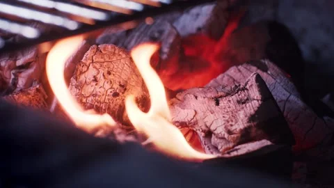 Fire from coals for frying steak Stockbeeldmateriaal 159122700
