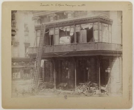 Fire of the comic opera in 1887. View of the comic opera in 1880 after the... Stock Photos
