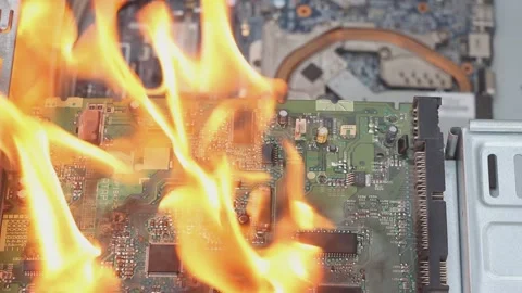 Fire of the computer and computer board in the apartment, faulty wiring, short  Stock Footage 153747169