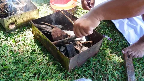 Fire for cooking or bbq, grill with charcoal. Video stock 70187562