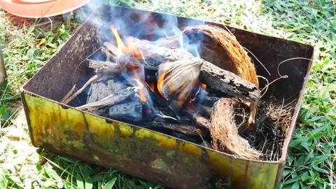 Fire for cooking or bbq, grill with charcoal. Vídeos de archivo 70187690