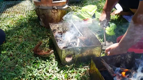 Fire for cooking or bbq, grill with charcoal. Vídeos de archivo 70187747