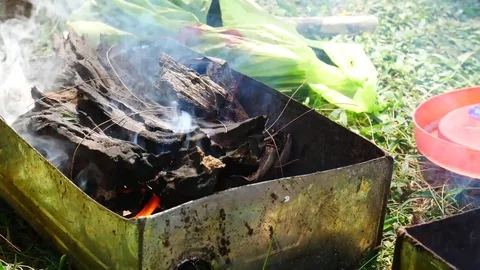 Fire for cooking or bbq, grill with charcoal. Video stock 70187751