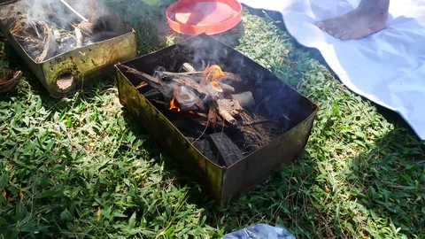 Fire for cooking or bbq, grill with charcoal. Stockbeeldmateriaal 70187816