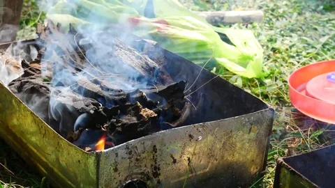 Fire for cooking or bbq, grill with charcoal. Video stock 70188072