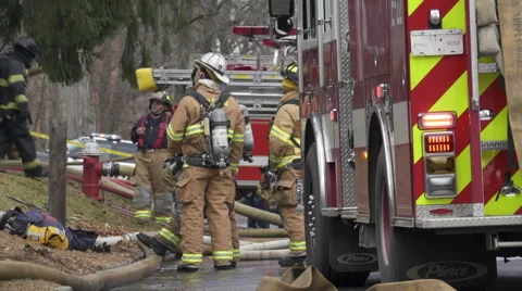Fire Crews at the Scene of a House Fire (1 of 5) Stock Footage 45322470