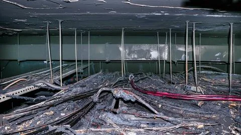 Fire Damage to Ceiling and Electrical Wiring Stock Photos