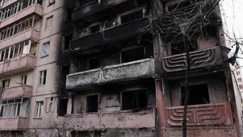 Fire damage, Rocket blaze, Rubble houses Stock Footage 245105634