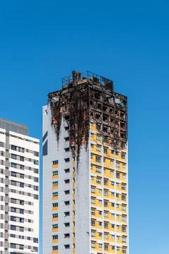 Fire damaged apartment skyscraper in Madrid, Ambar Tower. Madrid, Spain - ... Stock Photos