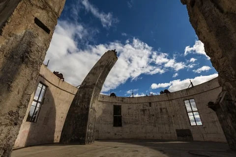 Fire damaged Stromlo Observatory and clouds Part 1&amp; 2 Stock Footage 119480466