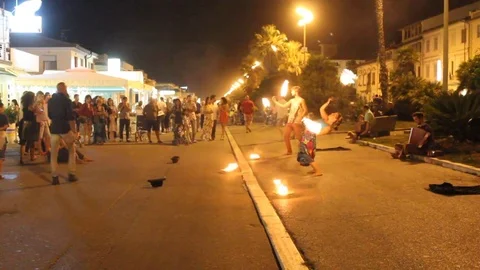 Fire dance performance in the street Stock Footage 82992624
