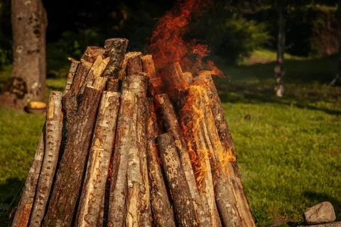 Fire dancer. The fire dances. Tall bonfire burning intensely with orange flames Stock Photos