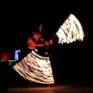 Fire dancer performing at Fire Show Dubai Desert Safari Tourist Attraction, UAE. Stock Photos