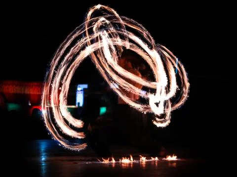 Fire dancer performing at Fire Show Dubai Desert Safari Tourist Attraction, UAE. Stock Photos