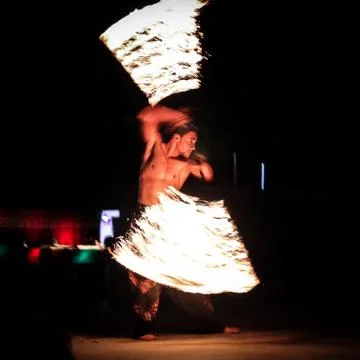 Fire dancer performing at Fire Show Dubai Desert Safari Tourist Attraction, UAE. Stock Photos