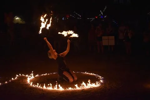 Fire Dancing Performer at night Stock Photos